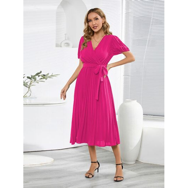 Pleated Surplice Tie Waist Midi Dress