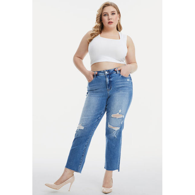 BAYEAS Full Size Mid Waist Distressed Ripped Straight Jeans