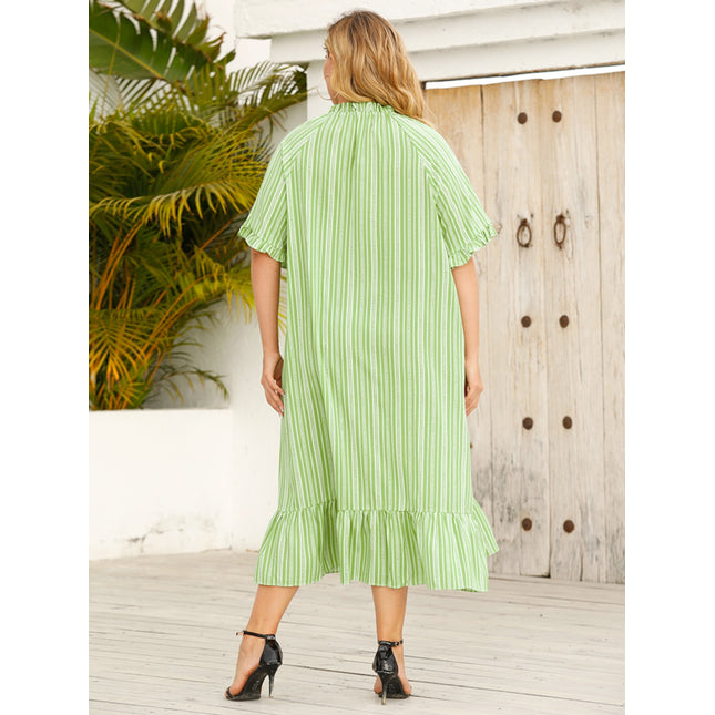 Plus Size Frill Heart Striped Half Sleeve Dress