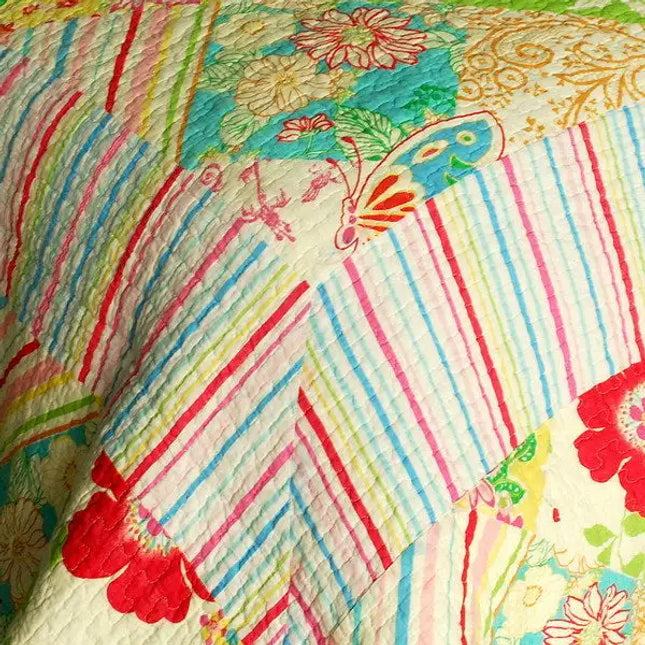 [Springtime Hills] Cotton 3PC Vermicelli-Quilted Floral Patchwork Quilt Set (Full/Queen Size)