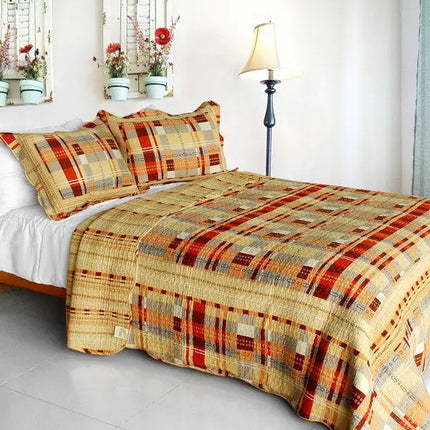 [Enthusiasm Waltz] Cotton 3PC Vermicelli-Quilted Plaid Patchwork Quilt Set (Full/Queen Size)