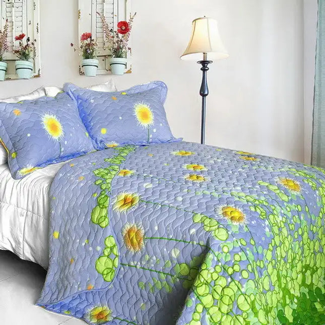 [Dandelion Dancing Night] Cotton 3PC Floral Vermicelli-Quilted Patchwork Quilt Set (Full/Queen Size)