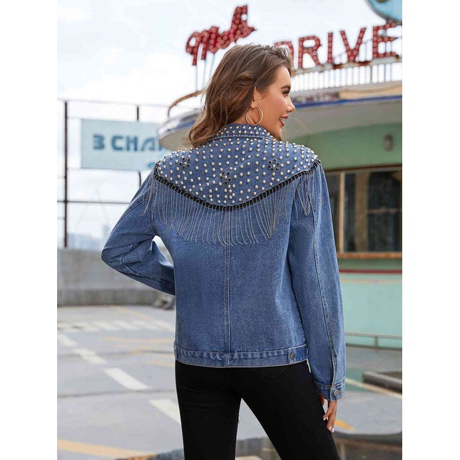 Studded Fringe Button Down Denim Jacket