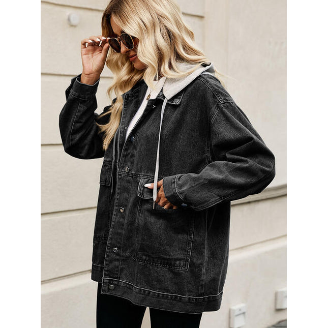 Drawstring Button Down Hooded Denim Jacket