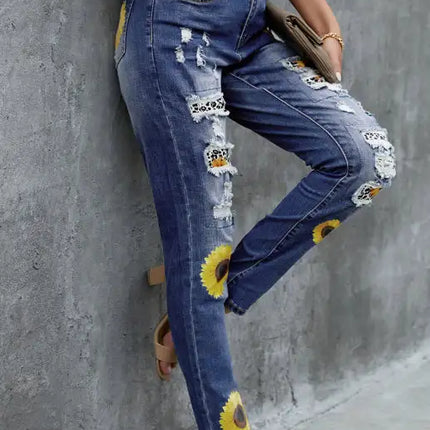 Leopard Patchwork Sunflower Print Distressed High Waist Jeans