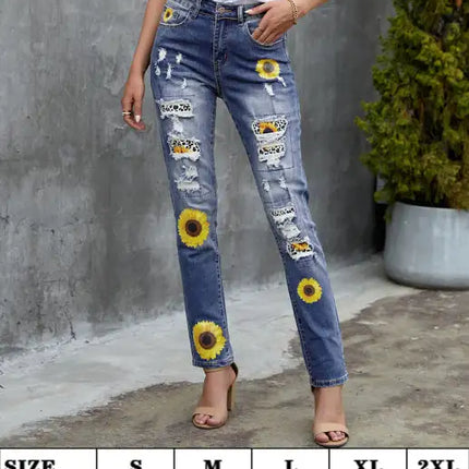 Leopard Patchwork Sunflower Print Distressed High Waist Jeans