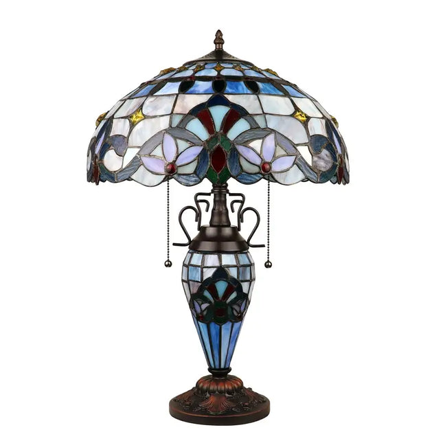 Grenville Victorian design 3 light Tiffany-style double lit table lamp