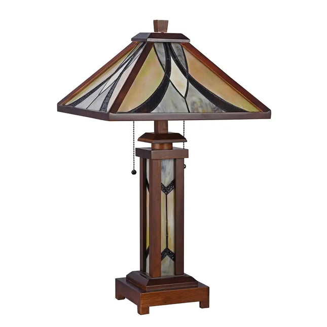 "GORDON" Tiffany-style Mission 3 Light Double Lit Wooden Table Lamp