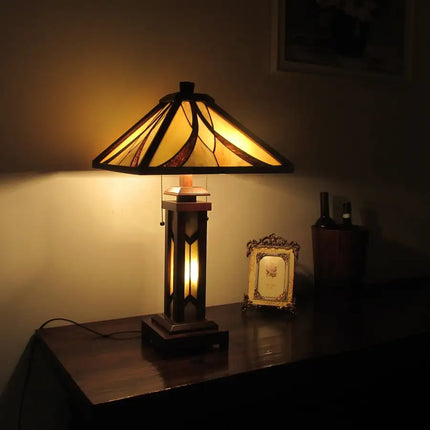 "GORDON" Tiffany-style Mission 3 Light Double Lit Wooden Table Lamp